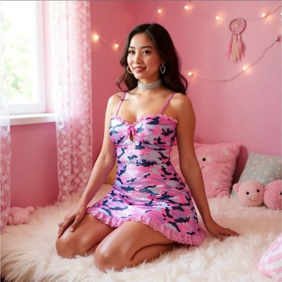 Snowflake Cadet Camo Sequin Mini Dress w/ Pink Lace Trim by Sugar Thrillz S - Picture 1 of 6